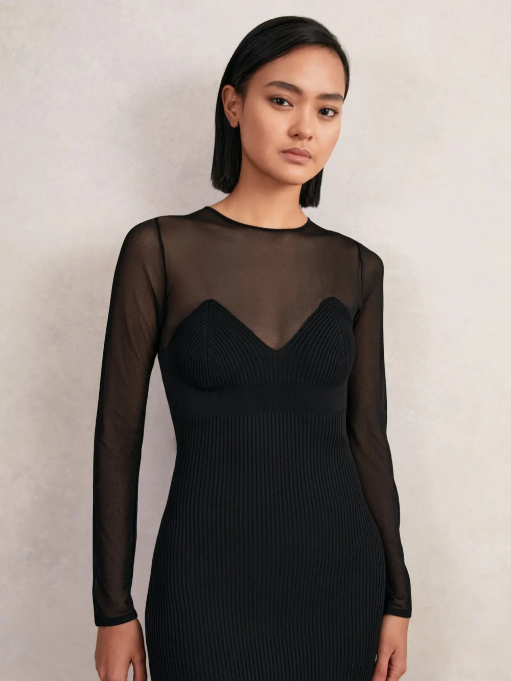 Reiss Black Mesh Rib-Knit Sweetheart Midi Dress, view 4