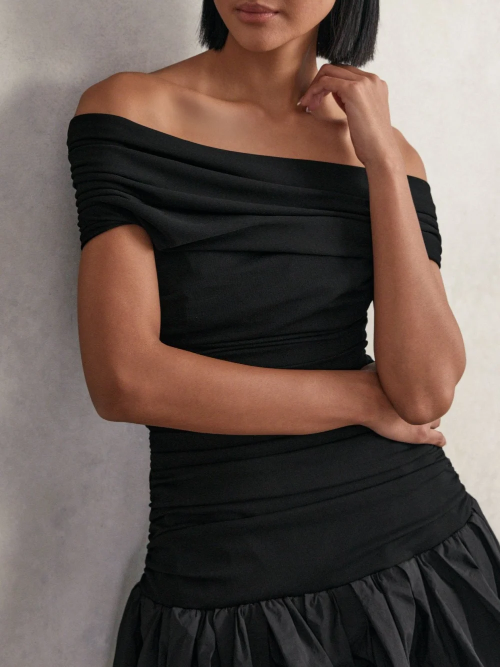 Reiss Black Off-shoulder Puffball Mini Dress, view 3