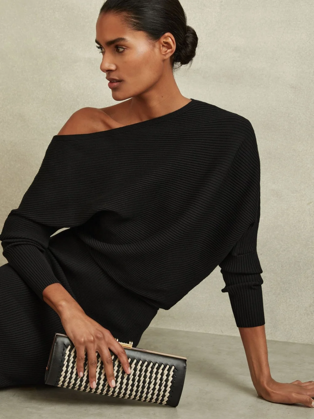 Reiss Black Off-the-shoulder Ribbed Midi Dress