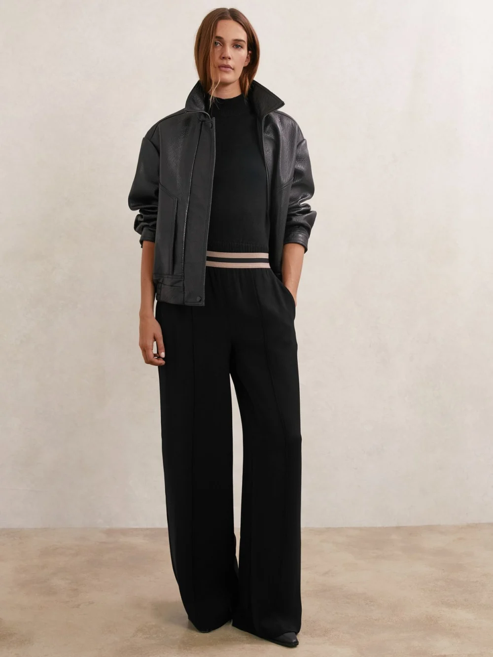 Reiss Black Petite Elasticated-waist Wide-leg Trousers