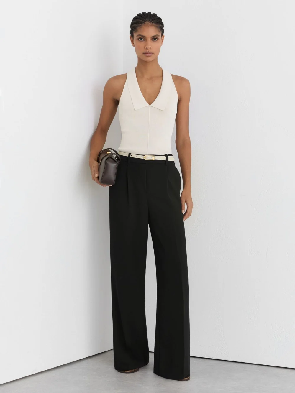 Reiss Black Petite Elasticated-waist Wide-leg Twill Trousers