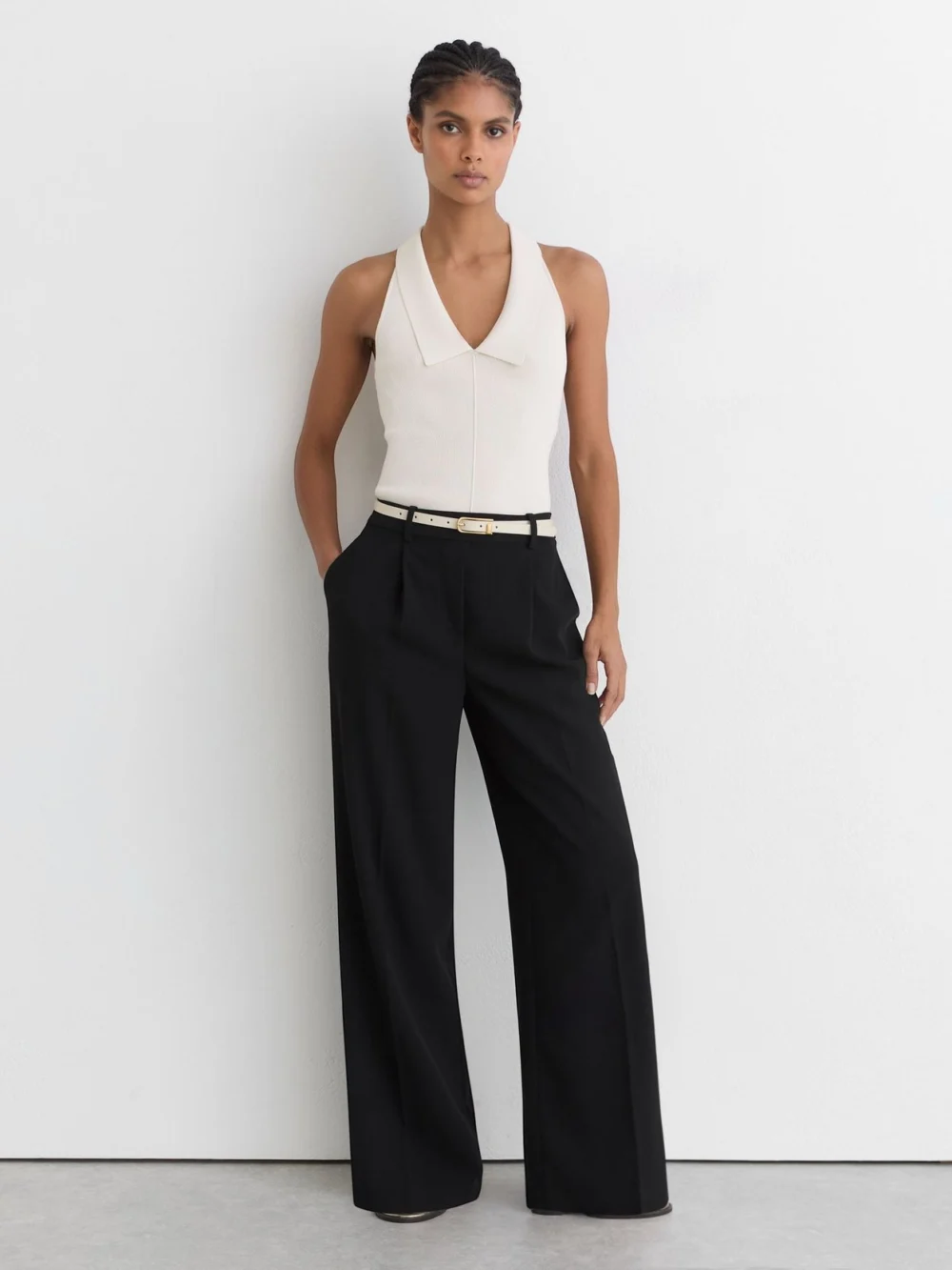 Reiss Black Petite Elasticated-waist Wide-leg Twill Trousers, view 5