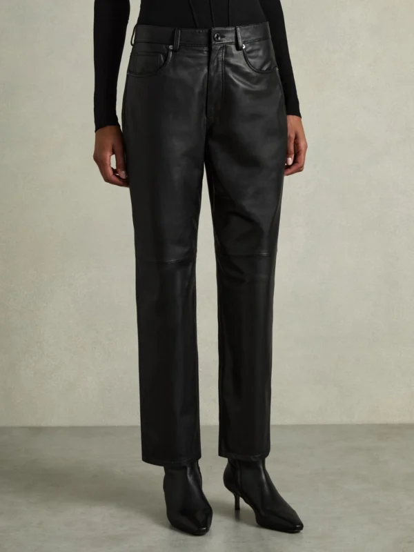 Reiss Black Petite Leather Slim-leg Trousers