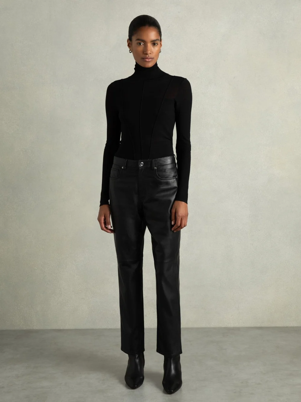 Reiss Black Petite Leather Slim-leg Trousers, view 3