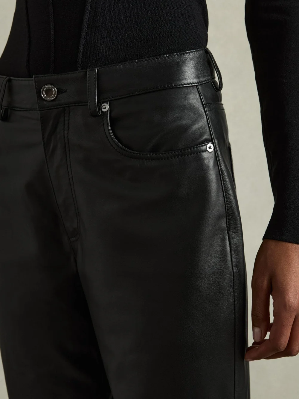Reiss Black Petite Leather Slim-leg Trousers, view 4
