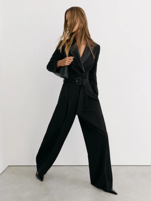 Reiss Black Petite Tuxedo Wide-leg Belted Jumpsuit