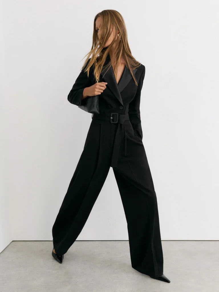 Reiss Black Petite Tuxedo Wide-leg Belted Jumpsuit