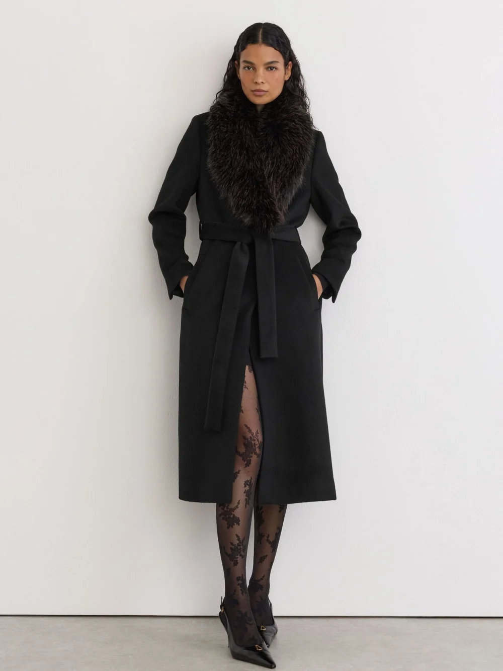 Reiss Black Petite Wool-blend Faux Fur-collar Belted Coat