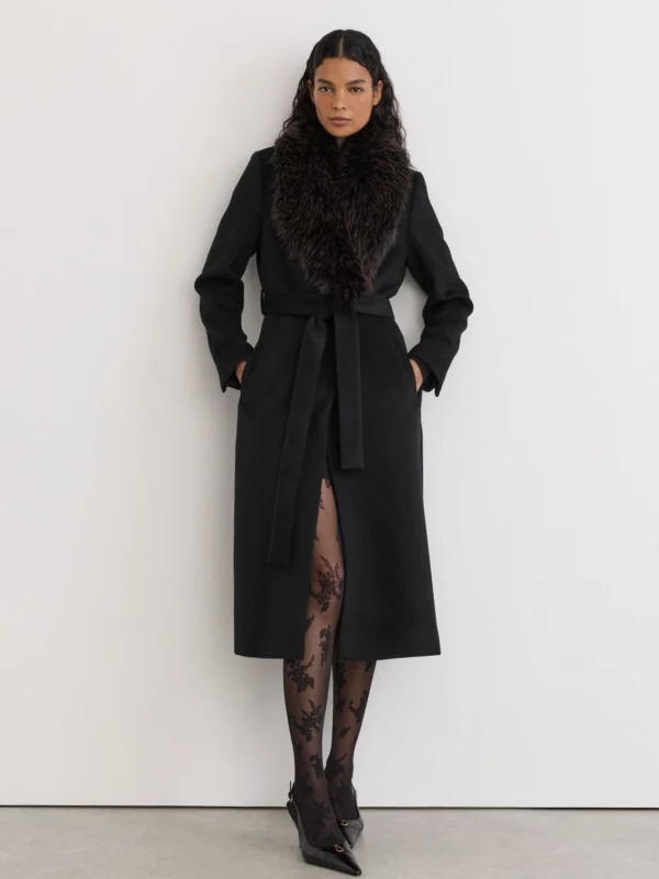 Reiss Black Petite Wool-blend Faux Fur-collar Belted Coat