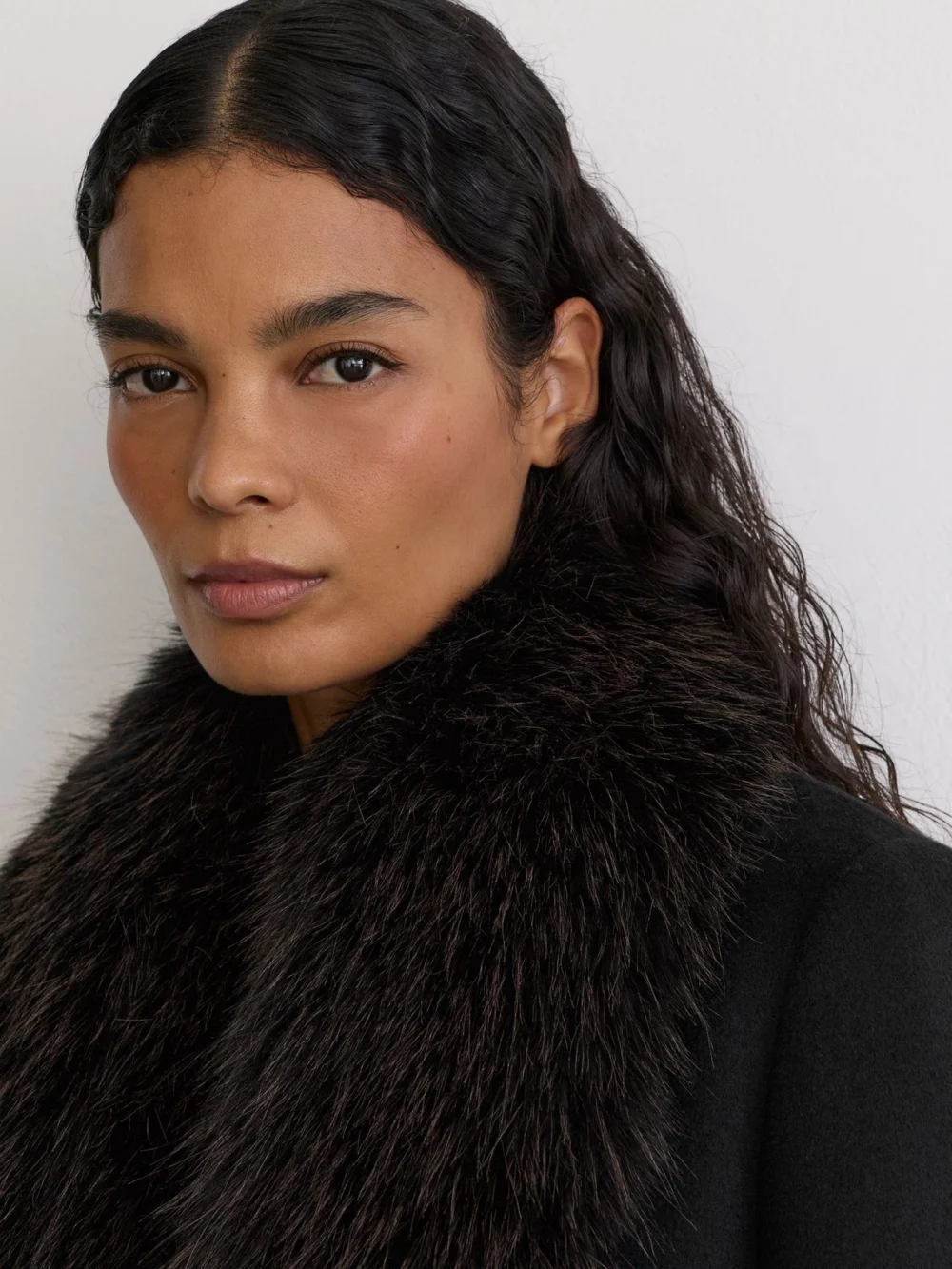 Reiss Black Petite Wool-blend Faux Fur-collar Belted Coat, view 3