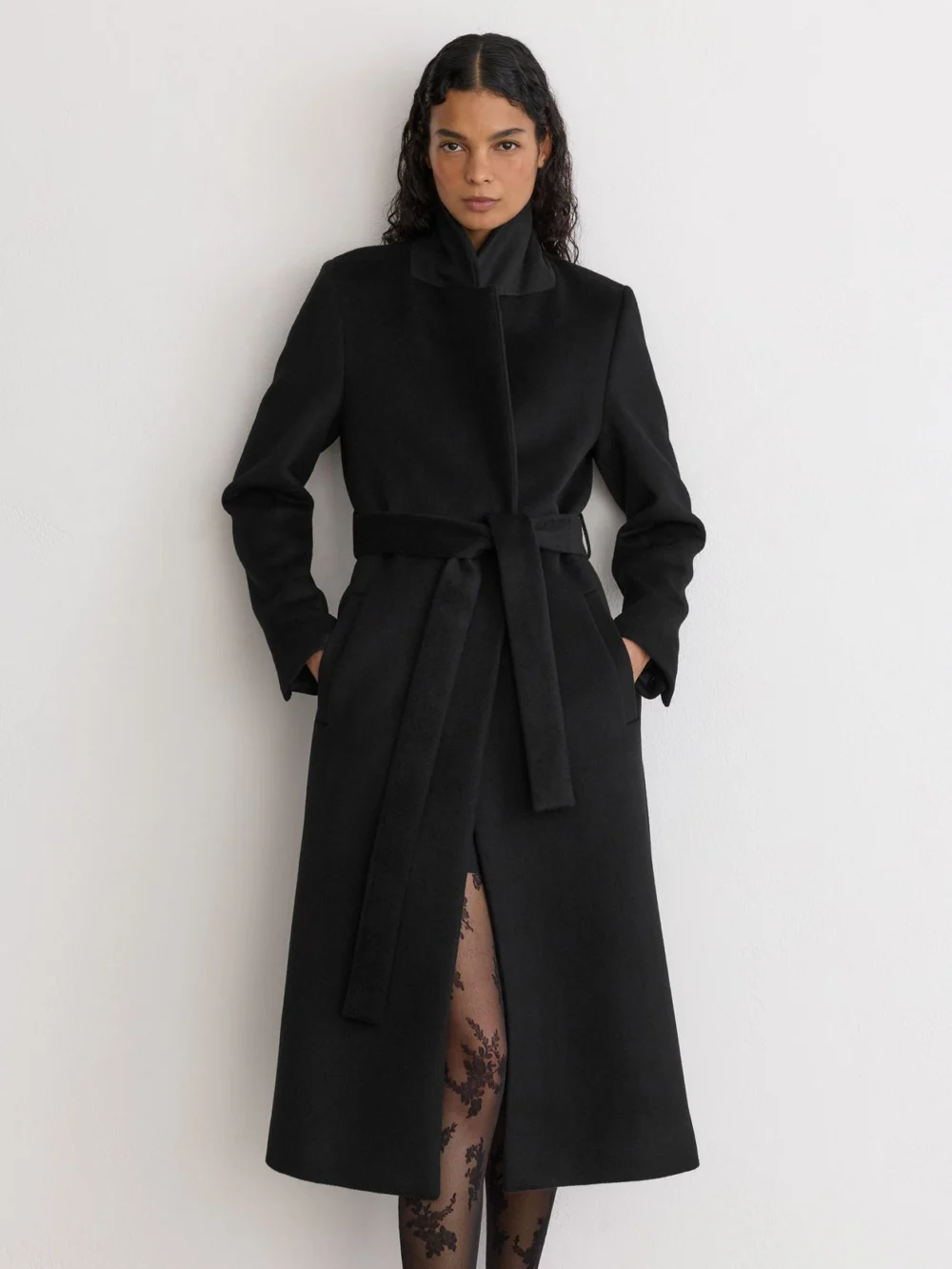 Reiss Black Petite Wool-blend Faux Fur-collar Belted Coat, view 4