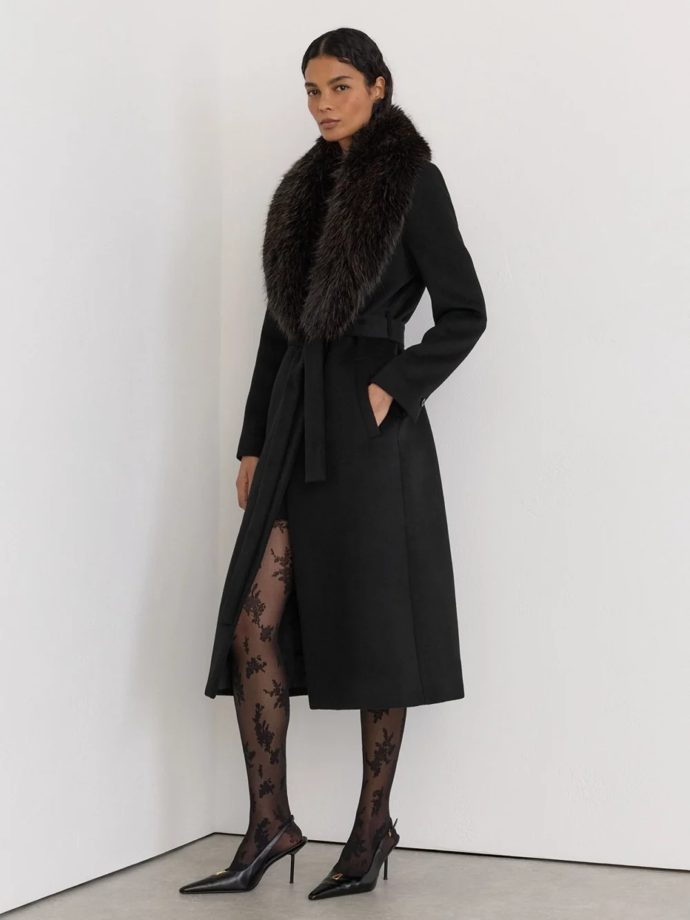 Reiss Black Petite Wool-blend Faux Fur-collar Belted Coat, view 5