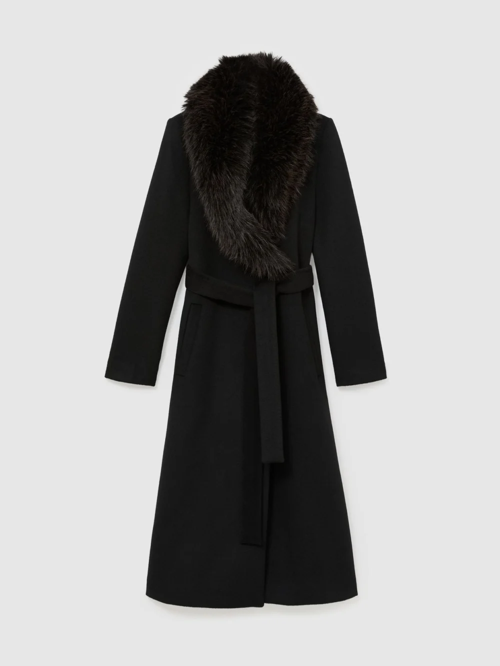 Reiss Black Petite Wool-blend Faux Fur-collar Belted Coat, view 6