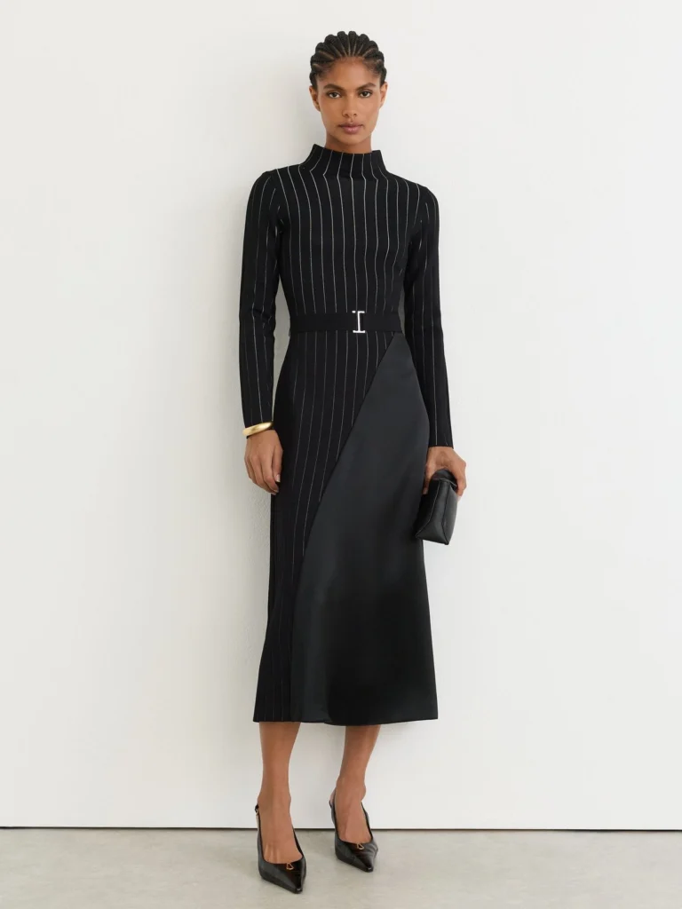 Reiss Black Pinstripe Knitted Satin-panel Midi Dress