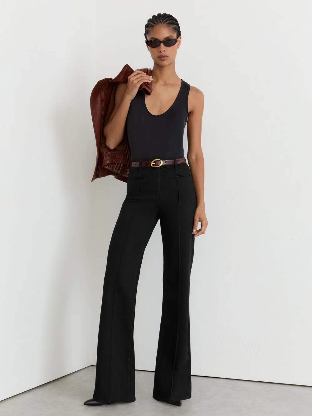 Reiss Black Pintuck-detail Flared Jeans