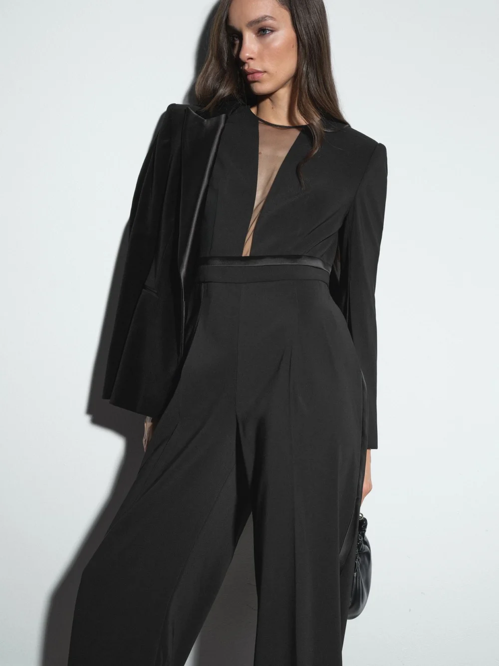 Reiss Black Plunge-neck Split-sleeve Jumpsuit, view 3
