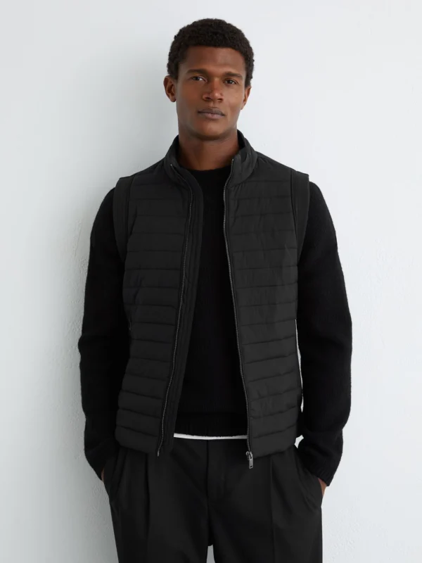 Reiss Black Quilt and Knit Zip-through Gilet