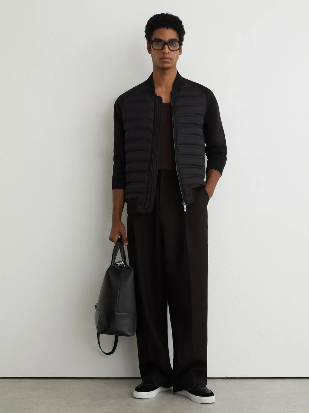 Reiss Black Quilted Hybrid Bomber Jacket