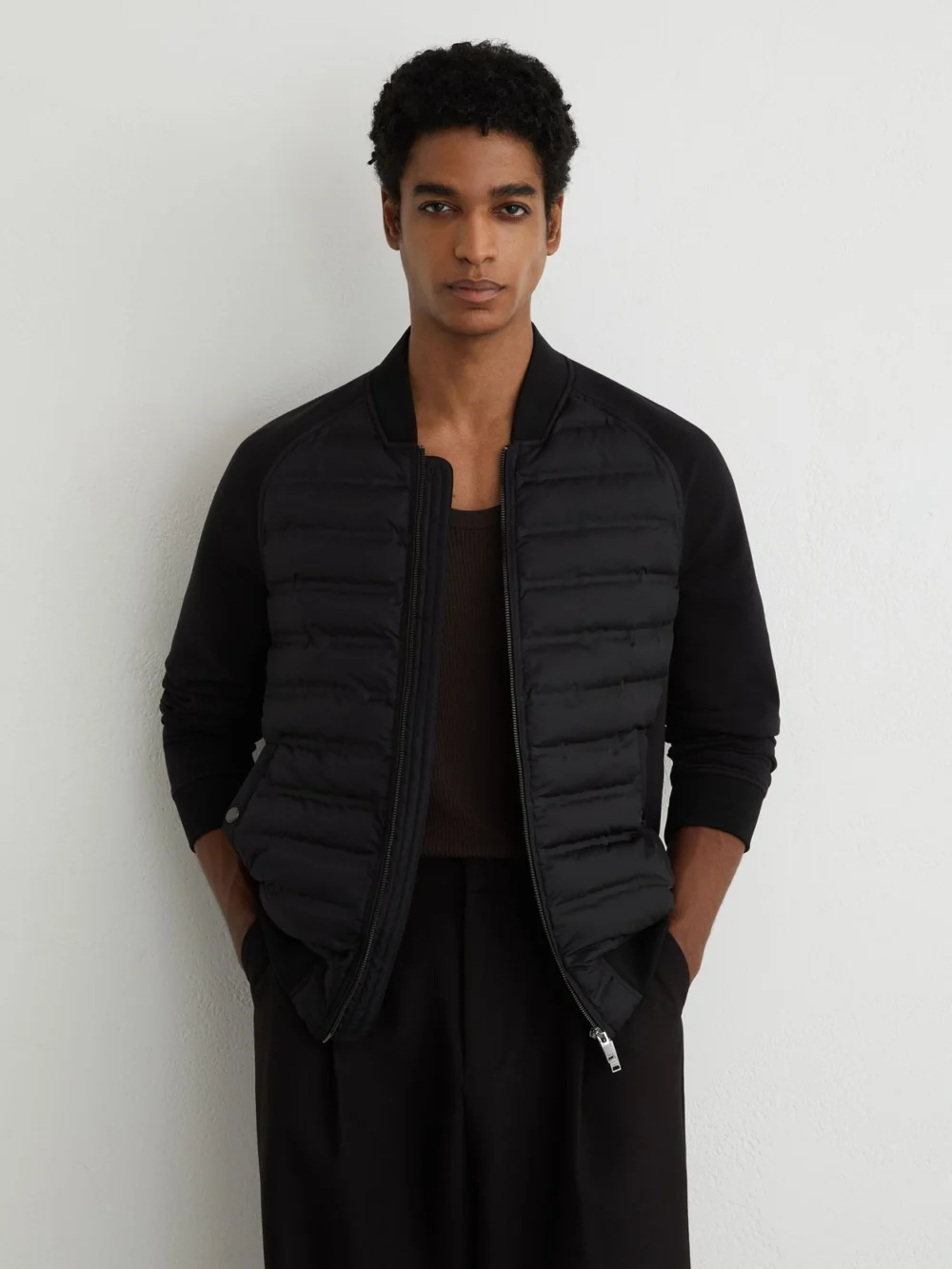 Reiss Black Quilted Hybrid Bomber Jacket, view 3