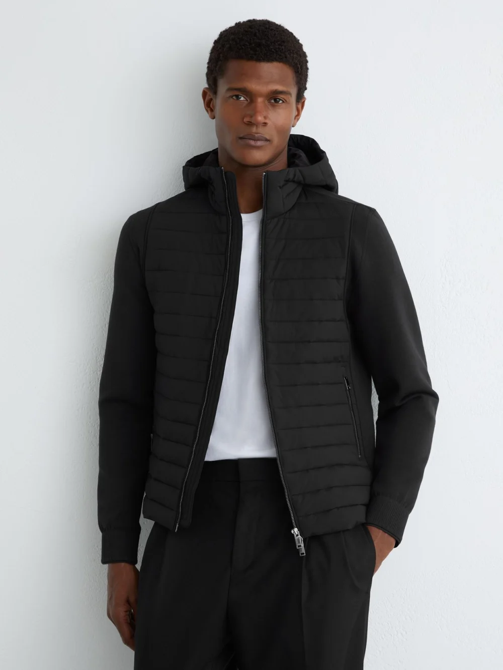 Reiss Black Quilted Hybrid Hooded Zip-front Jacket