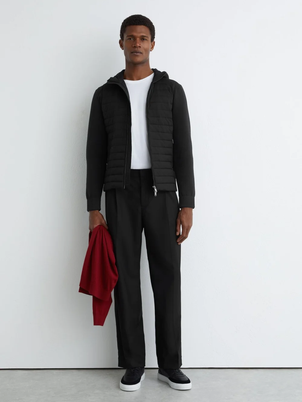 Reiss Black Quilted Hybrid Hooded Zip-front Jacket, view 3