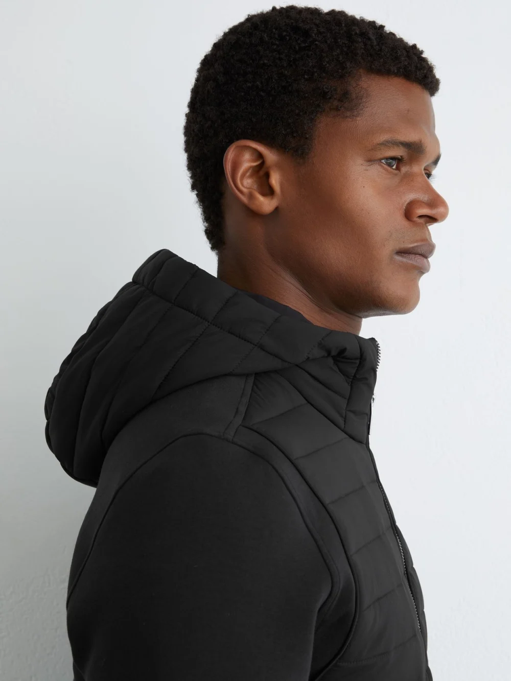 Reiss Black Quilted Hybrid Hooded Zip-front Jacket, view 4