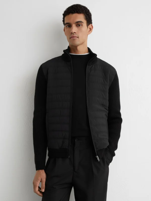 Reiss Black Quilted Rib-knit Funnel-neck Jacket
