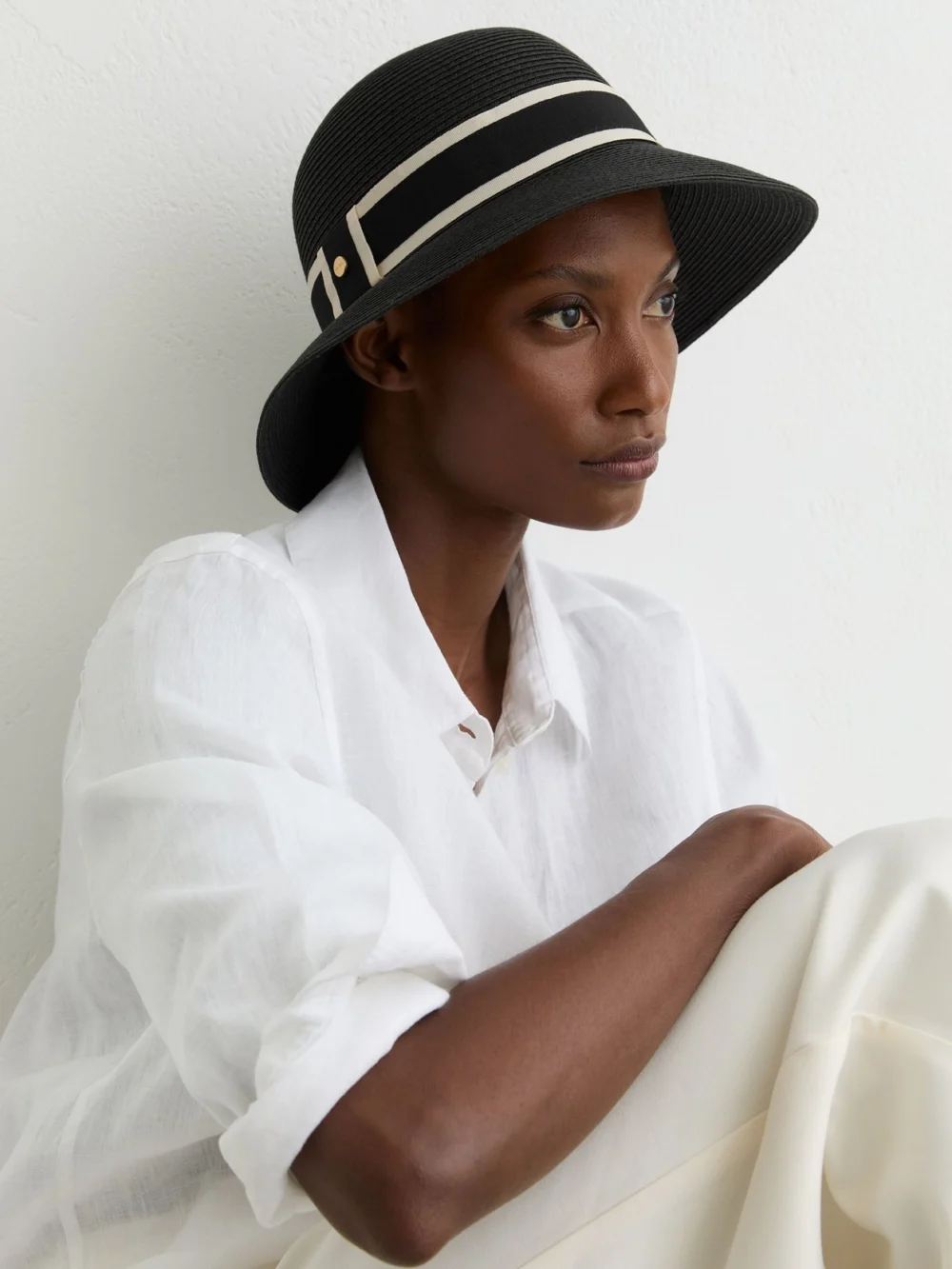 Reiss Black Ribbon-trim Straw-effect Hat