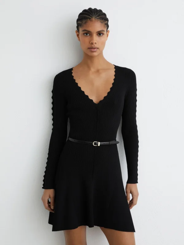 Reiss Black Scallop-trim Knitted Mini Dress