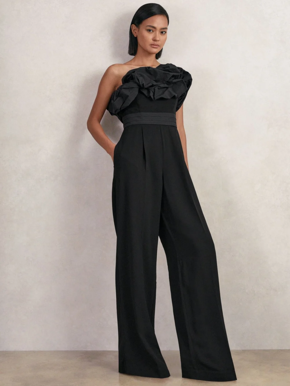 Reiss Black Sculptural Strapless Wide-leg Jumpsuit
