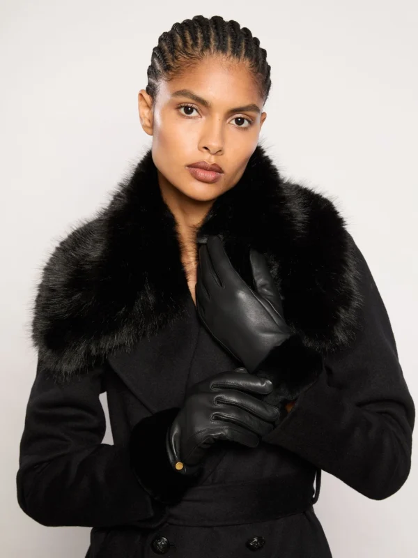 Reiss Black Shearling Cuff Leather Gloves