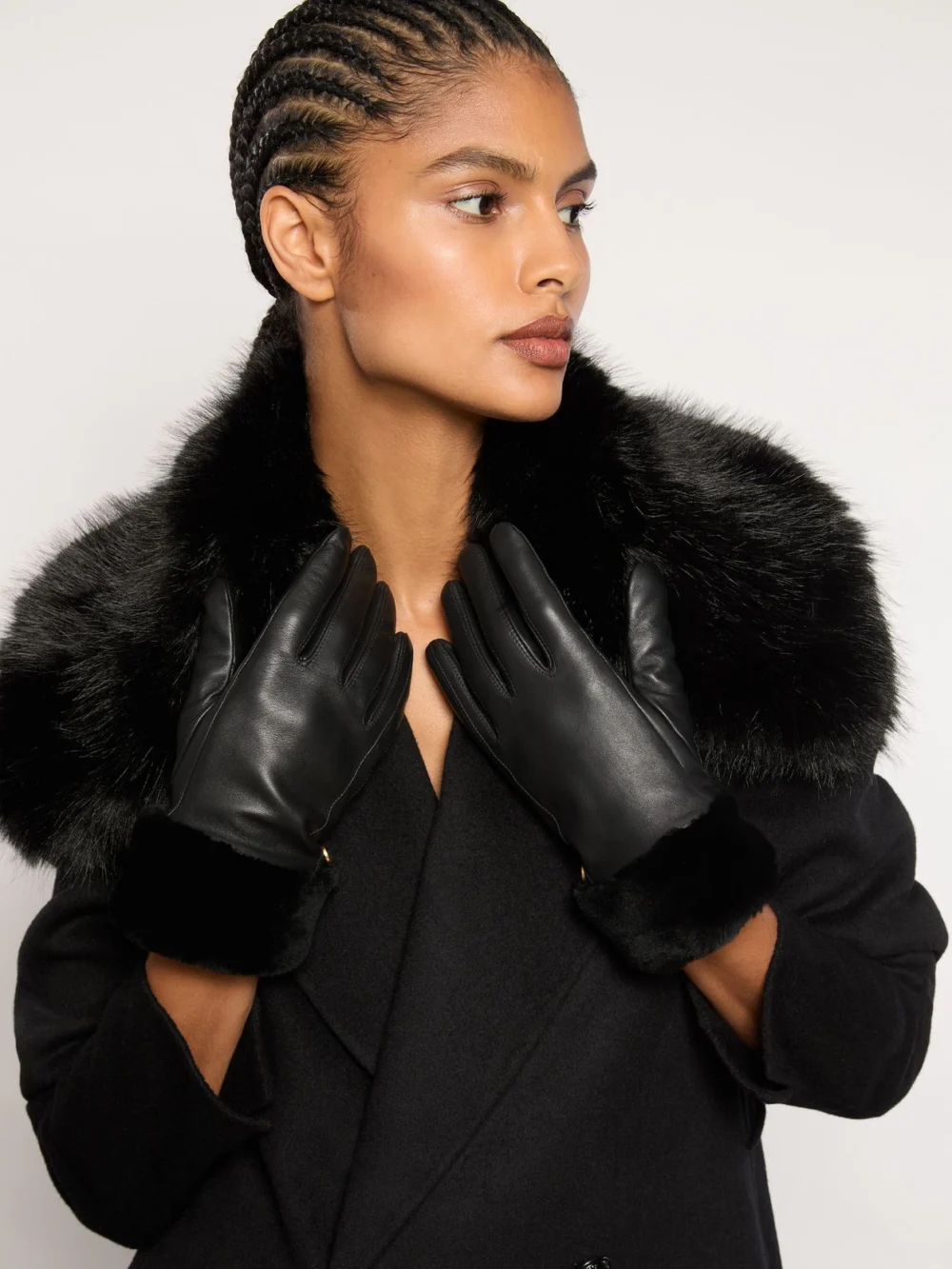 Reiss Black Shearling Cuff Leather Gloves, view 3