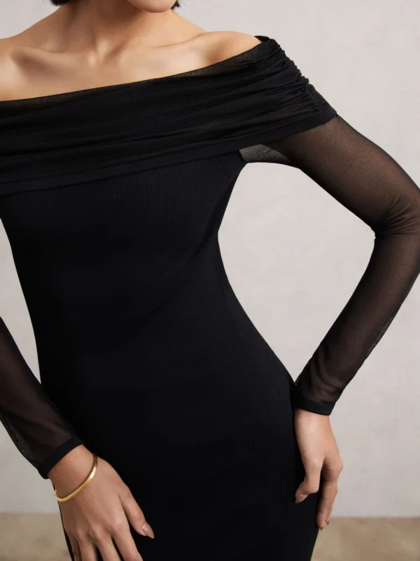 Reiss Black Sheer-sleeve Knit Midi Dress