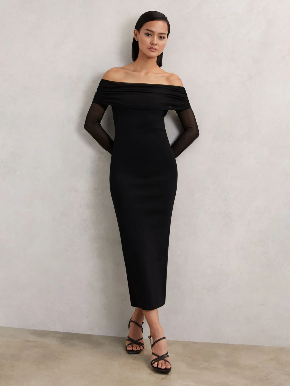 Reiss Black Sheer-sleeve Knit Midi Dress, view 3