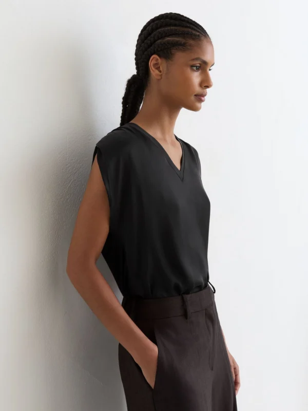 Reiss Black Silk-front V-neck Sleeveless Top