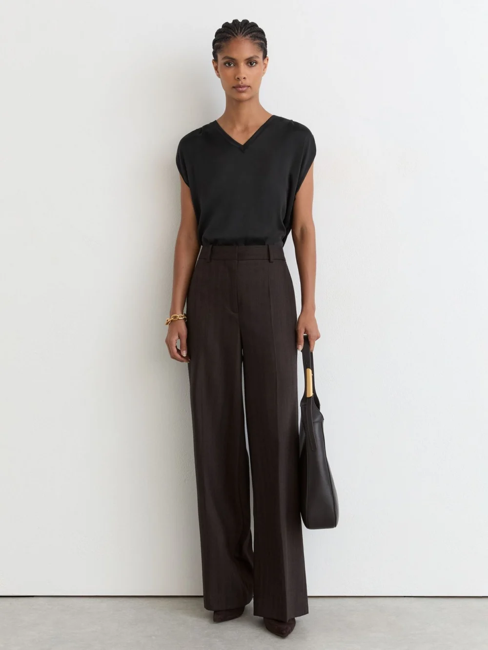 Reiss Black Silk-front V-neck Sleeveless Top, view 3