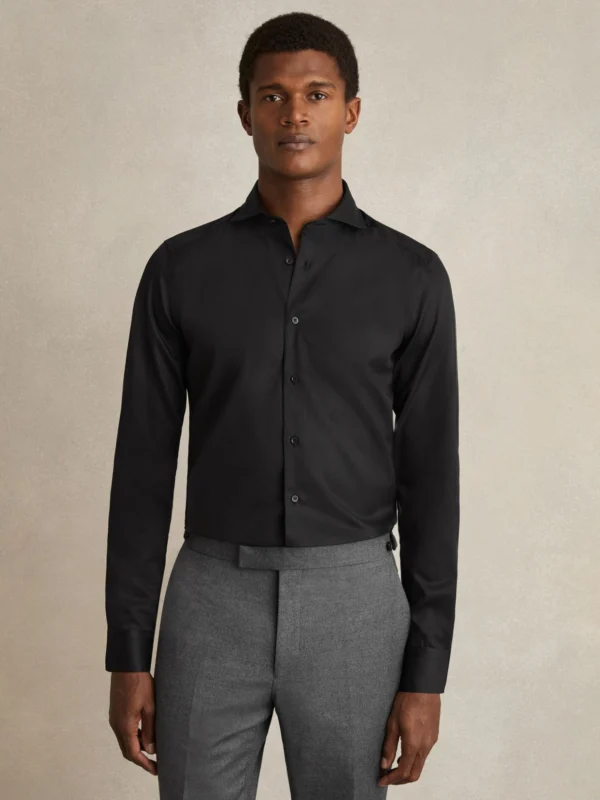 Reiss Black Slim Fit Two-fold Cotton Shirt
