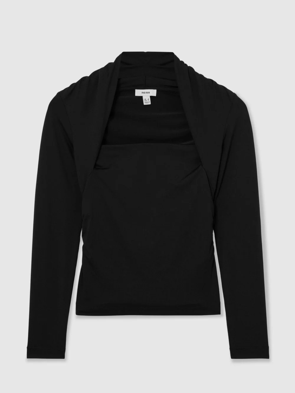Reiss Black Square-neck Ruched Long Sleeve Top, view 2