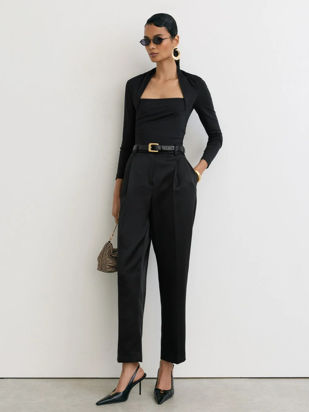 Reiss Black Square-neck Ruched Long Sleeve Top, view 3