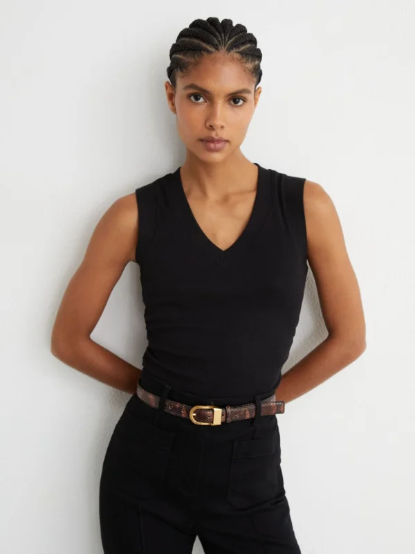 Reiss Black Stretch-cotton Rib Ruched V-neck Vest