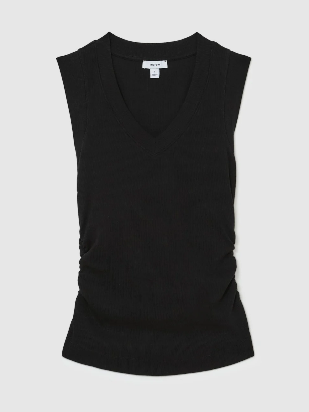 Reiss Black Stretch-cotton Rib Ruched V-neck Vest, view 2