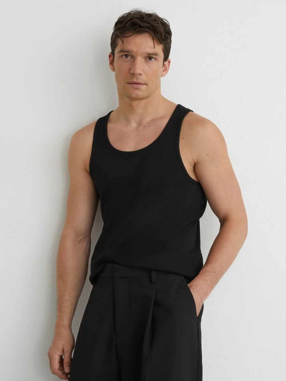 Reiss Black Stretch-cotton Ribbed Vest