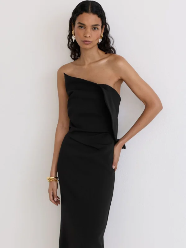 Reiss Black Structured Strapless Midi Dress