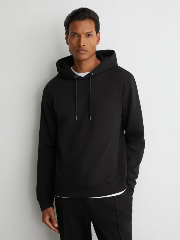 Reiss Black Sueded Interlock Jersey Hoodie