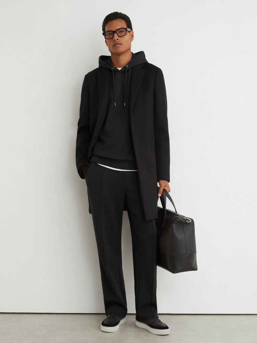 Reiss Black Sueded Interlock Jersey Hoodie, view 3