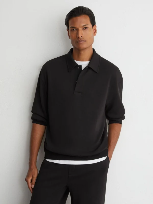 Reiss Black Sueded Interlock Jersey Relaxed Polo Sweatshirt