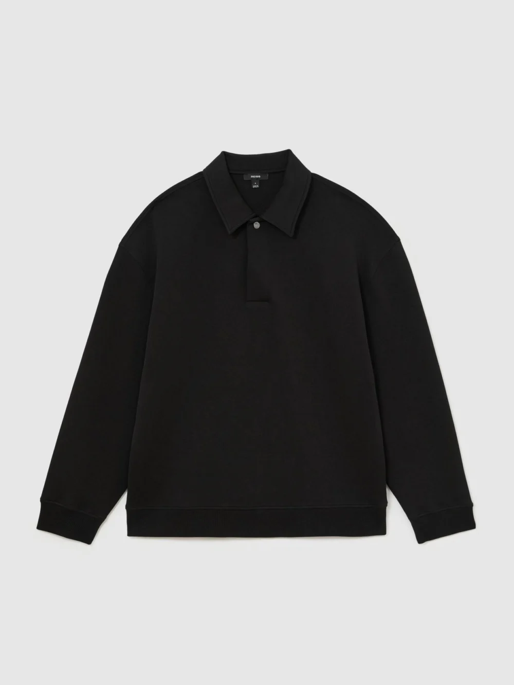 Reiss Black Sueded Interlock Jersey Relaxed Polo Sweatshirt, view 2