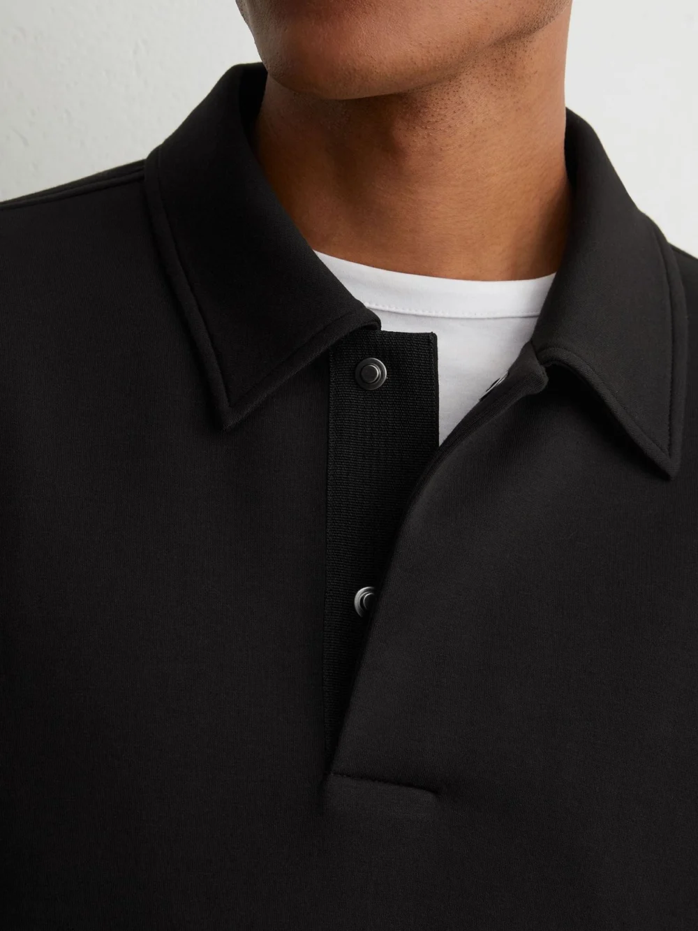 Reiss Black Sueded Interlock Jersey Relaxed Polo Sweatshirt, view 3