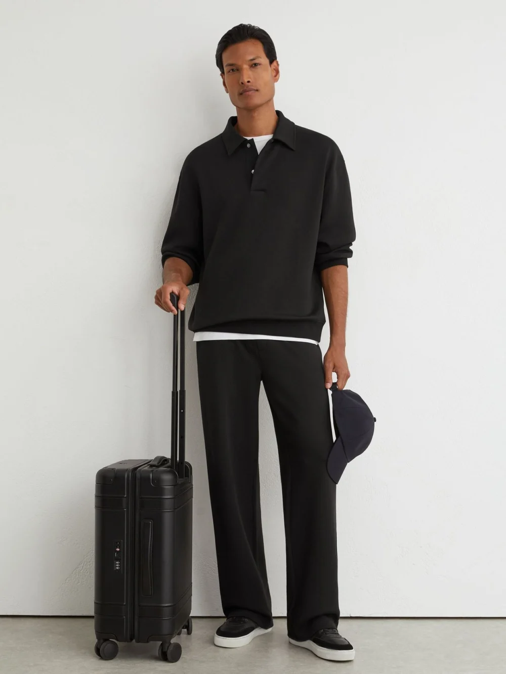 Reiss Black Sueded Interlock Jersey Relaxed Polo Sweatshirt, view 4
