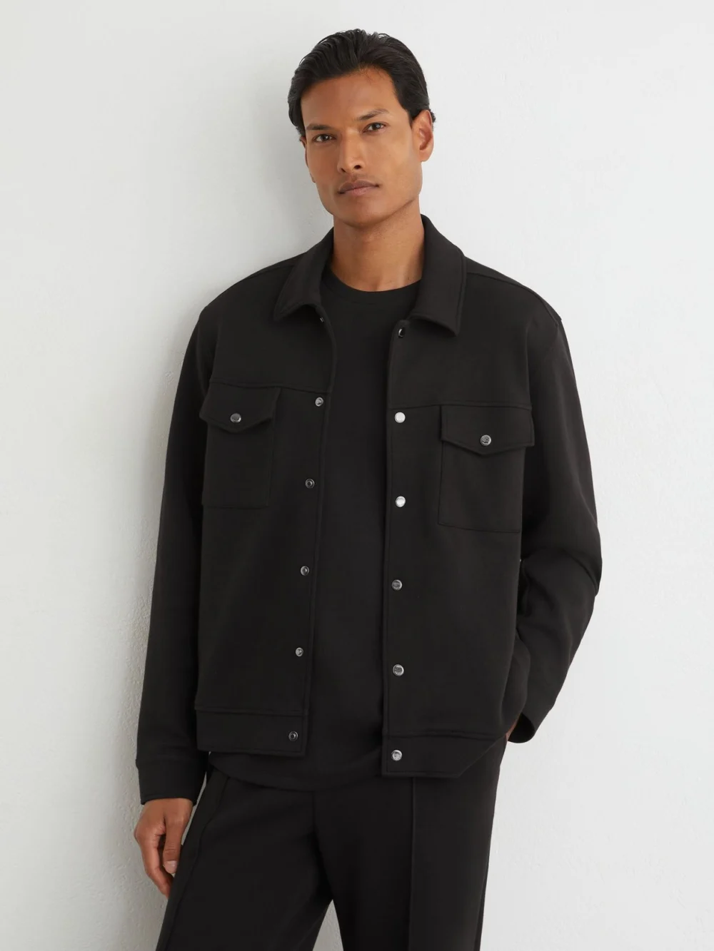 Reiss Black Sueded Interlock Jersey Twin-pocket Overshirt
